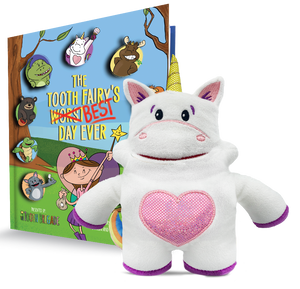 Sprinkles tooth fairy tooth pillow next to book The Tooth Fairy's Best Day Ever