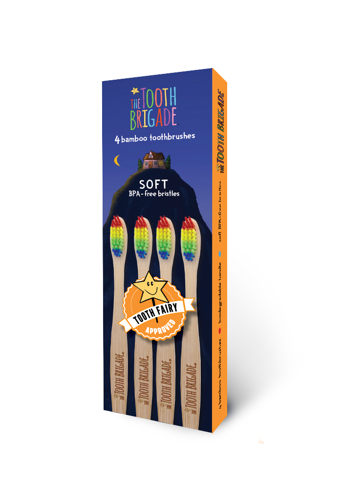 4 bamboo toothbrushes rainbow soft nylon bristles