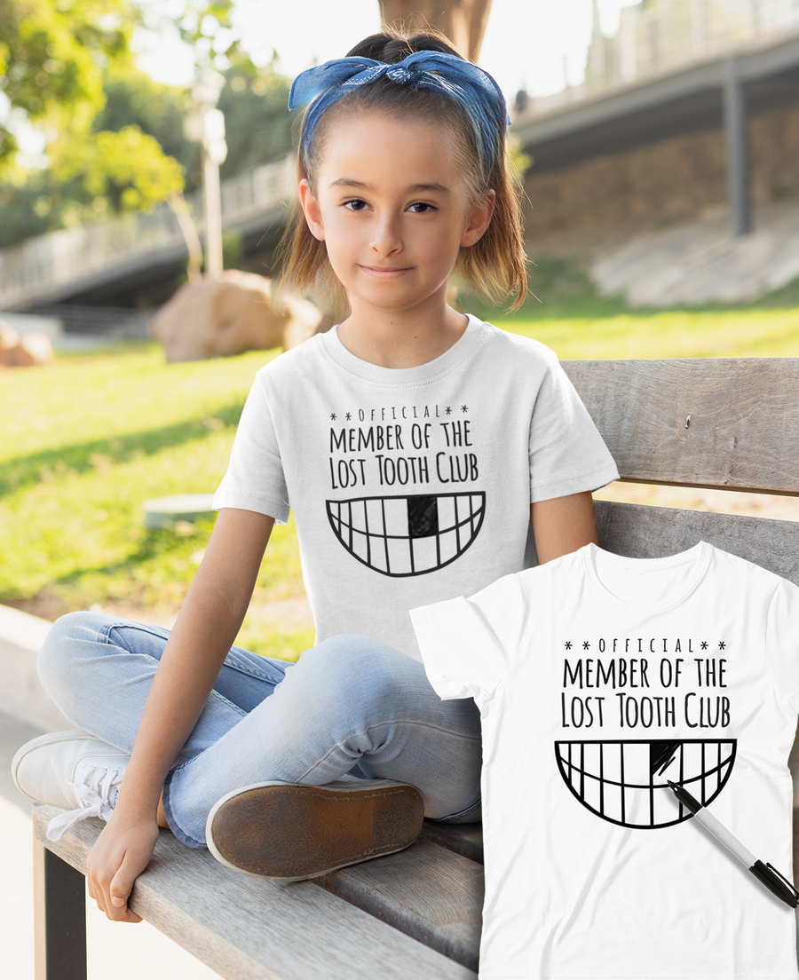 Girl sitting on a bench customizable t shirt official member of the lost tooth club